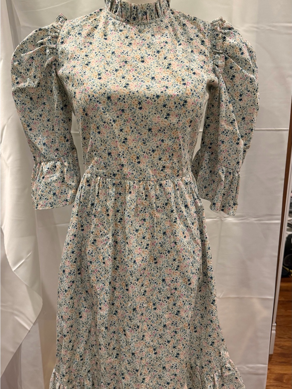 Batsheva Floral Ruffle High-Neck Midi Dress  Cottagecore